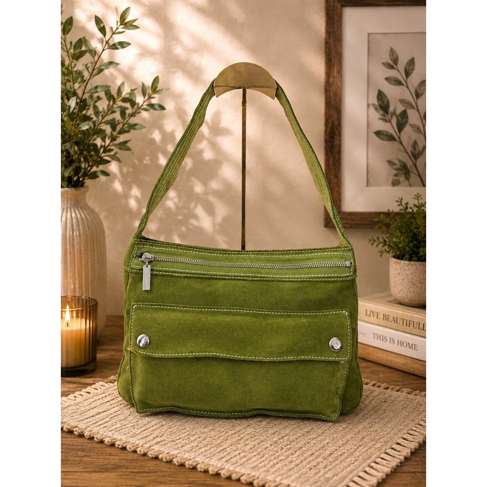 Banana Republic Olive Green Suede Shoulder Bag Utility Pocket Y2K Boho